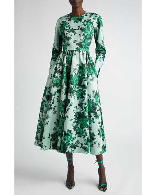 Emilia Wickstead Green Annie Floral Long Sleeve Taffeta Faille A-line Dress