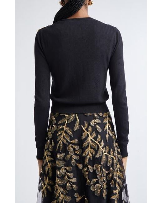 Carolina Herrera Black Leaf Embroidered Silk & Cotton Cardigan