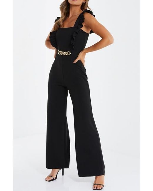 Quiz Blue Scuba Crepe Chain Front Frill Jumpsuit