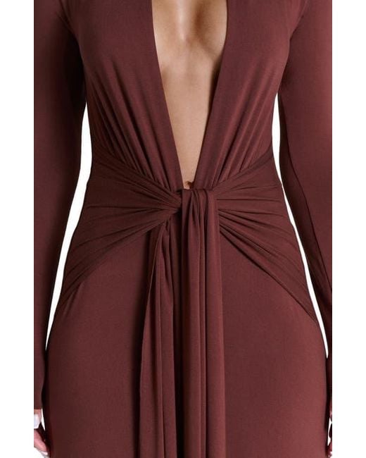 Naked Wardrobe Red Plunge Neck Long Sleeve Stretch Jersey Maxi Dress