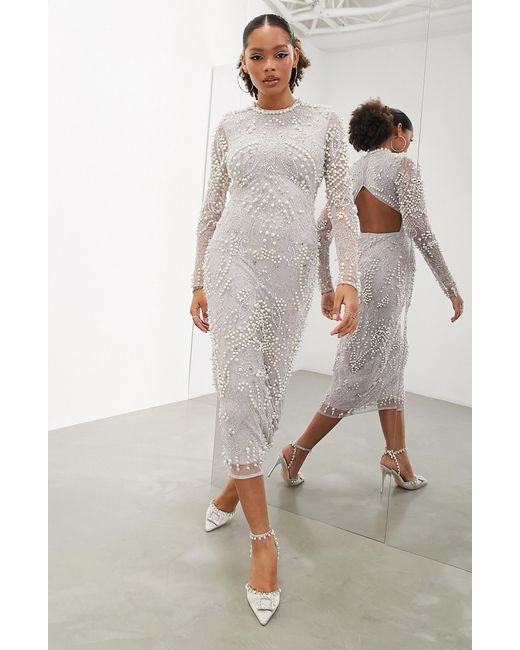 ASOS Gray Imitation Pearl & Crystal Long Sleeve Midi Dress