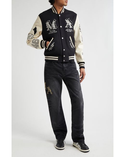 Amiri Black Angel Graphics Oversize Leather Sleeve Wool Blend Varsity Jacket for men