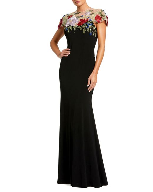 Mac Duggal Black Embroidered Floral Detail A-line Gown