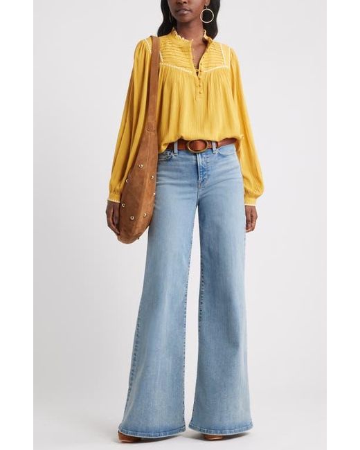 Treasure & Bond Blue High Neck Embroidered Long Sleeve Top