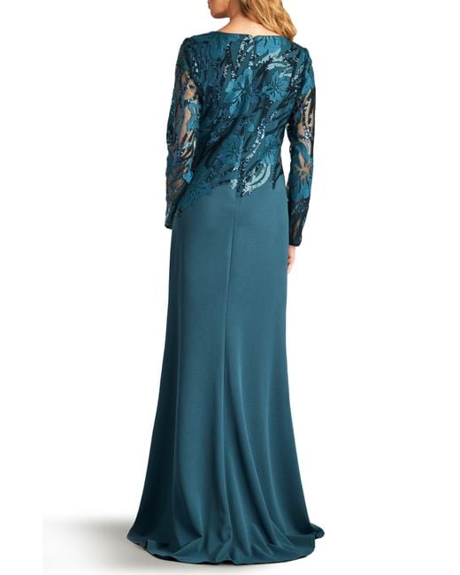 Tadashi Shoji Blue Sequin Floral Jacquard Long Sleeve Gown