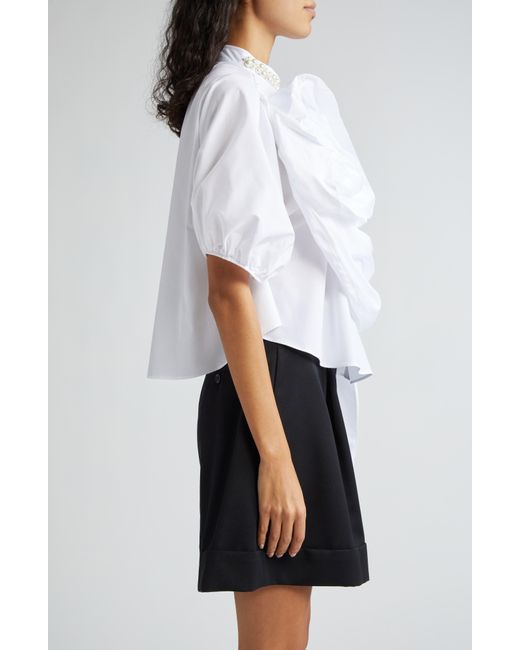 Simone Rocha White Beaded Ruffle Puff Sleeve Cotton Button-up Shirt