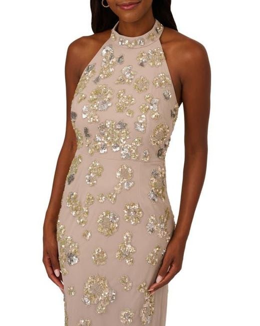 Adrianna Papell Sequin Floral High Neck Column Gown in Natural | Lyst Adrianna Papell Sequin Floral High Neck Column Gown in Natural | Lyst