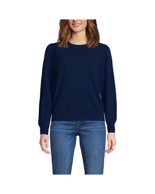 Lands' End Women's Blue Cashmere Puff Sleeve Crew Neck Sweater