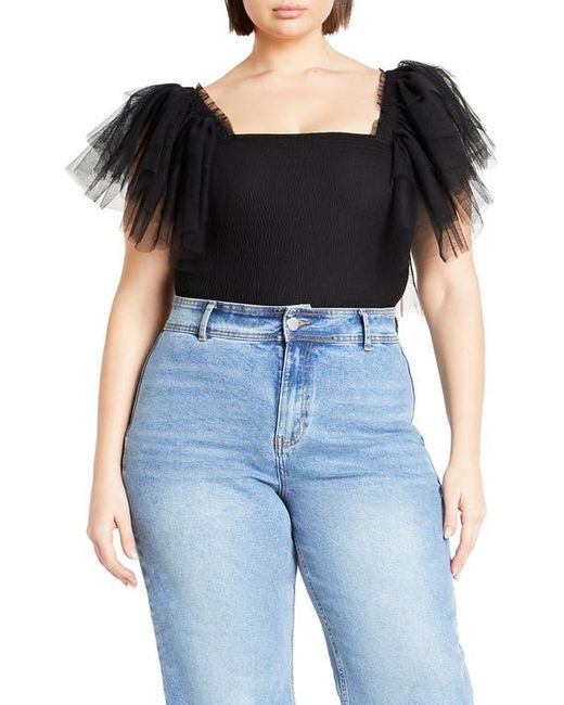 City Chic Black Azariah Shirred Tulle Sleeve Bodysuit