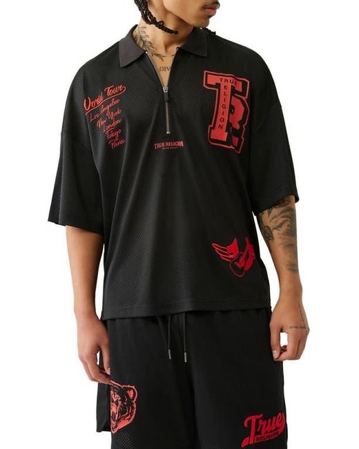 True Religion Black Mesh Graphic Quarter Zip Polo for men
