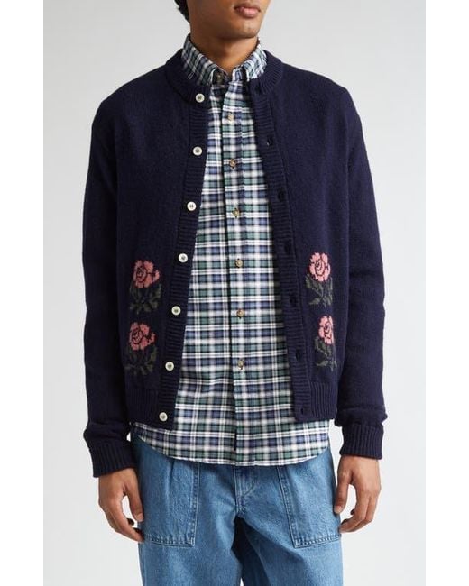Noah NYC Blue Floral Shetland Wool Cardigan for men