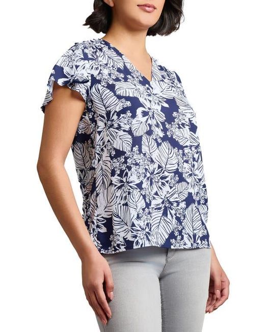 Jones New York Blue Palm Print Flutter Sleeve Top