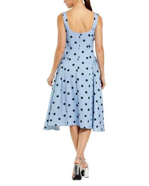 Mac Duggal Blue Polka Dot A-Line Midi Dress With Square Neck And Ruffle Gussets