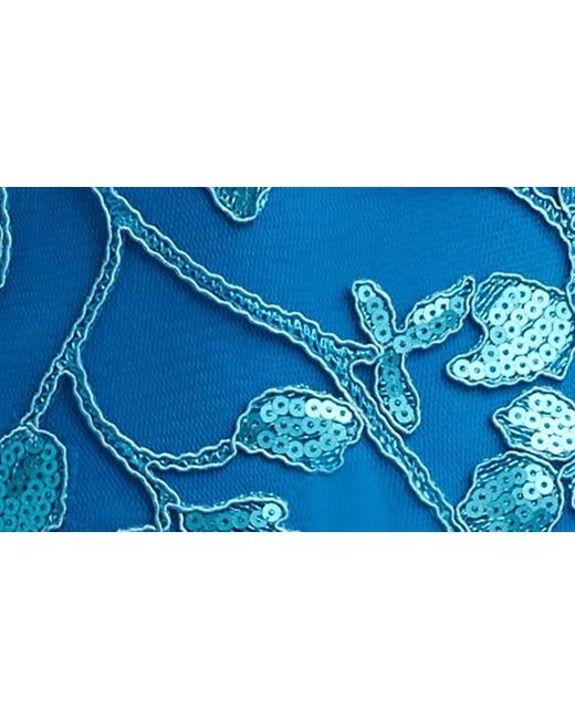 Tadashi Shoji Blue Sequin Lace Long Sleeve Crepe Gown