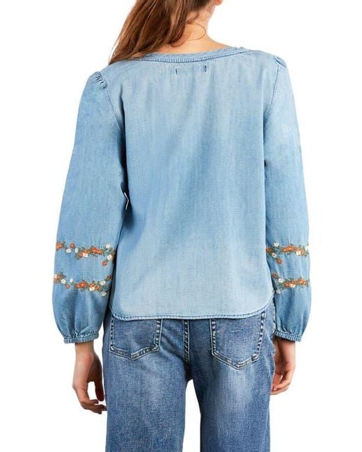 BILLY T Blue Floral Embroidery Cotton Blend Poet Top