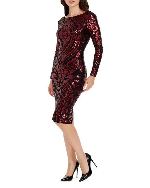 Dress the Population Red Emery Sequin Long Sleeve Cocktail Dress