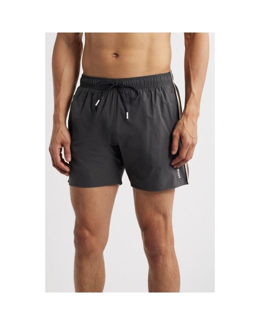 Boss Gray Iconic Side Stripe Swim Trunks for men
