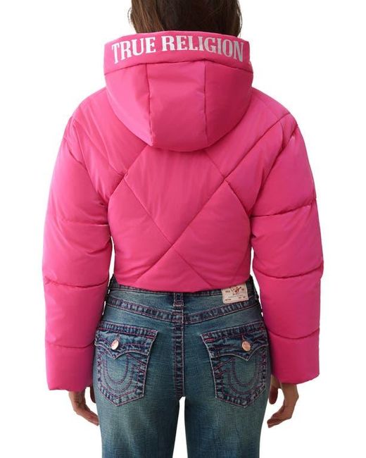 True Religion Red High Shine Hooded Crop Puffer Jacket