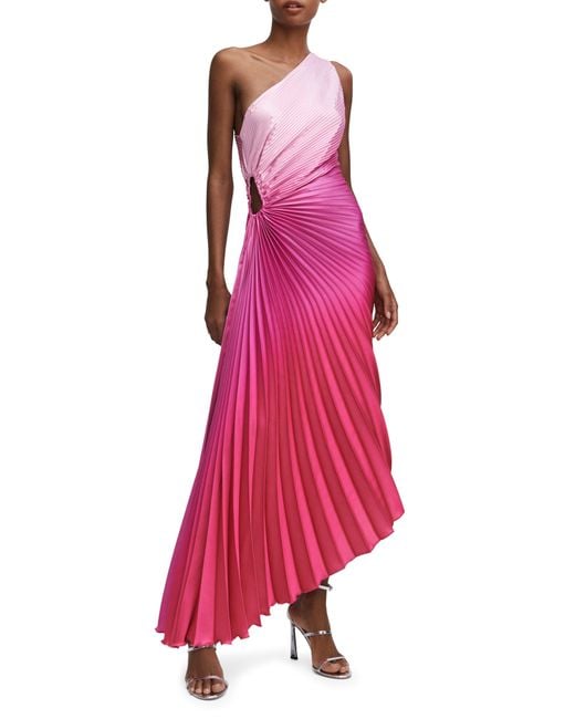 Mango Pink Ombré One-shoulder Side Cutout Pleated Dress