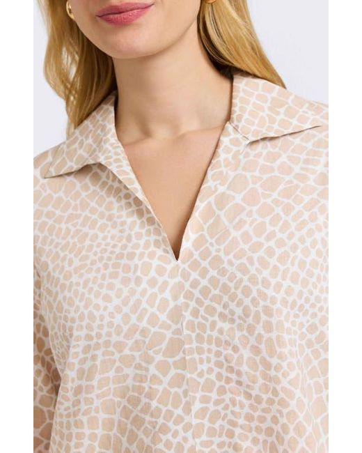 Foxcroft Natural Agnes Print Three-Quarter Sleeve Popover Top