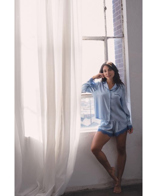 In Bloom Blue Felicity Lace Trim Long Sleeve Satin Shorts Pajamas