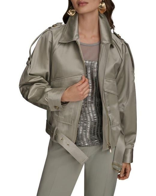 Donna Karan Gray Belted Satin Bomber Jacket