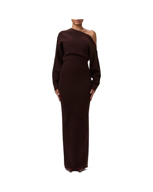 Naked Wardrobe Brown One-Shoulder Long Sleeve Maxi Sweater Dress