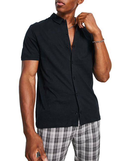 ASOS Organic Cotton Muscle Fit Jersey Knit Buttonup Shirt in Black for Men Lyst