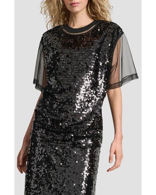 DKNY Black Layered Mesh Sequin Top