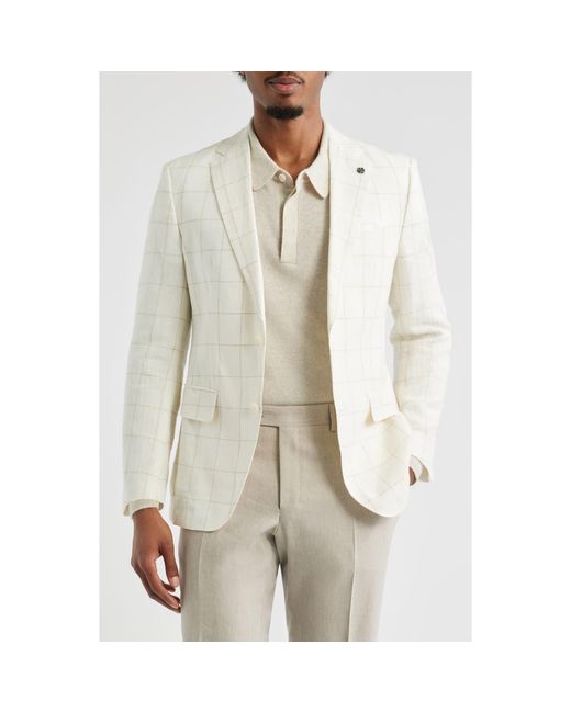 Boss White Hutson Slim Fit Windowpane Check Linen Blend Sport Coat for men