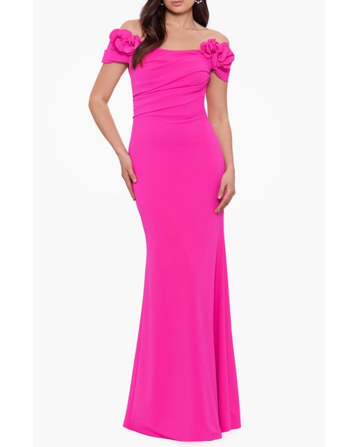Betsy & Adam Pink Rosette Off The Shoulder Scuba Gown