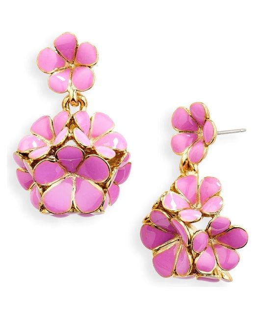 Oscar de la Renta Pink Floral Enamel Pompom Drop Earrings