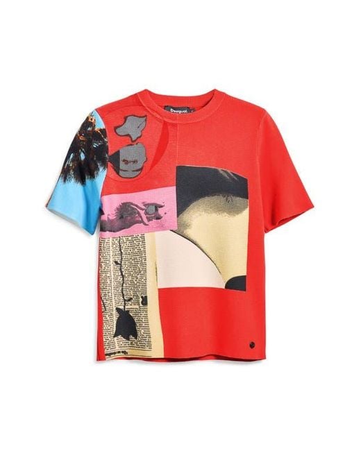 Desigual Red Collage Print Short Sleeve Knit Top