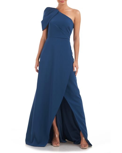 Kay Unger Blue Briana One-shoulder Draped Gown