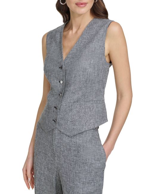 DKNY Gray Check Linen Blend Suiting Vest