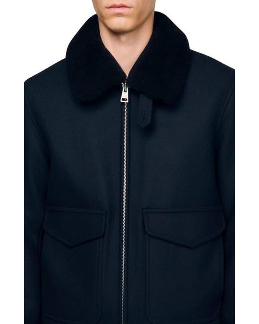 Sandro Blue Wool Aviator Jacket With Shearling for men