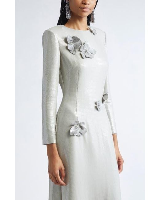 Oscar de la Renta Embroidered Cherry Blossom Long Sleeve Sequin Gown in  Gray | Lyst