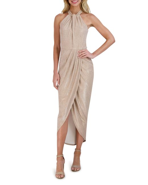 Julia Jordan Metallic Halter Neck Tulip Hem Maxi Dress in Natural Lyst