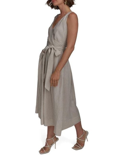 Donna Karan Brown Gingham Linen Blend Faux-Wrap Midi Dress