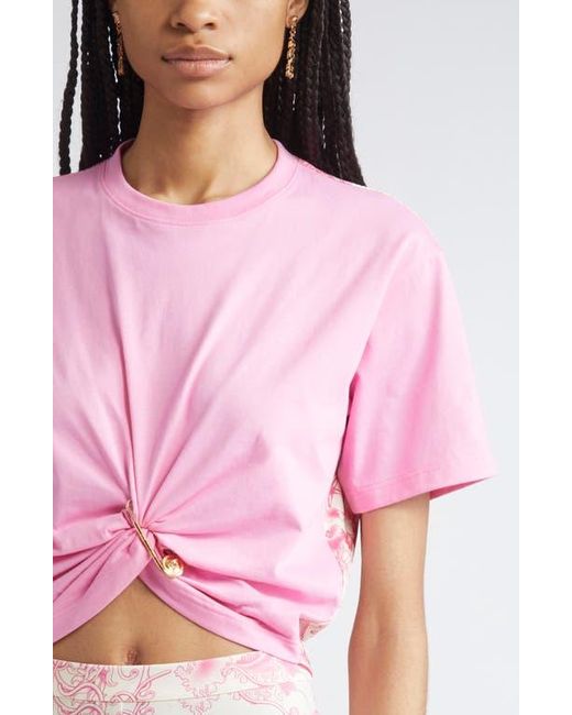 Versace Pink Barocco Safety Pin Crop T-Shirt