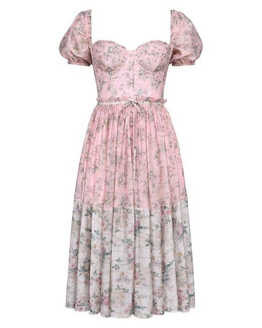 house of cb pink floral corset dress Clothing: Midi Dresses: 'Rosalee' Peach Floral Corset Midi Dress