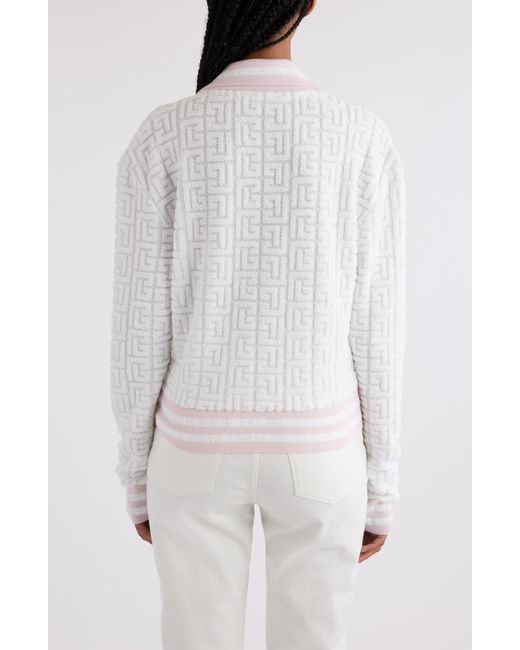 Balmain White Sponge Knit Monogram Long Sleeve Polo Sweater