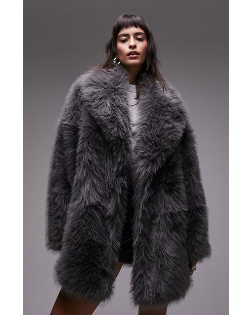 TOPSHOP Gray Mid Length Faux Fur Coat
