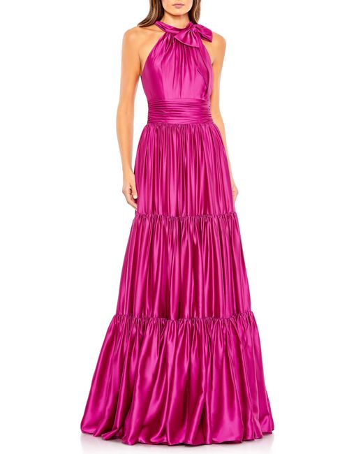 Mac Duggal Pink Bow Detail Tiered Satin A-line Gown