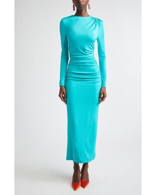 Carolina Herrera Ruched Long Sleeve Stretch Jersey Dress in Blue