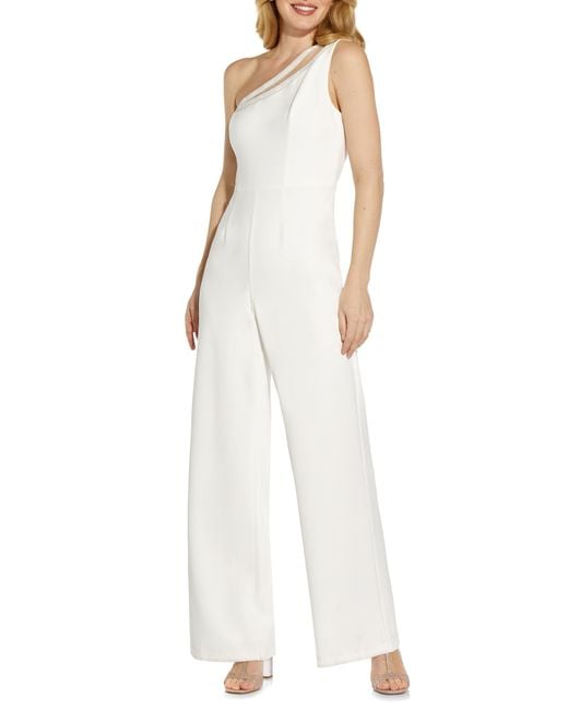 Adrianna Papell Beaded One-shoulder Crepe Jumpsuit in Ivory (White) - Lyst