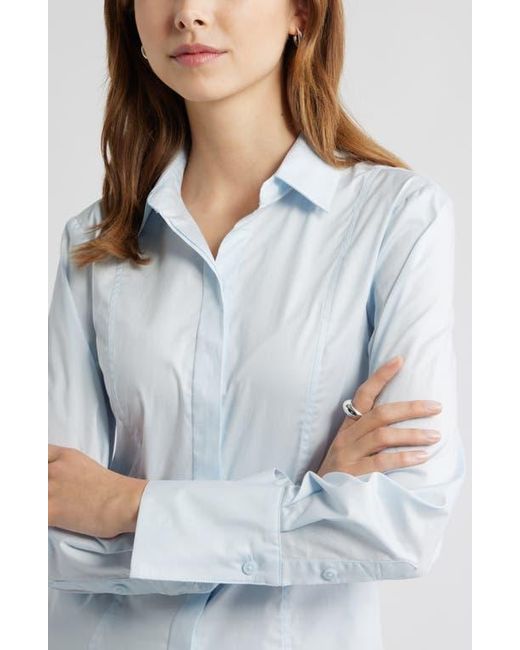 Open Edit Blue Seam Detail Split Back Stretch Cotton Poplin Shirt