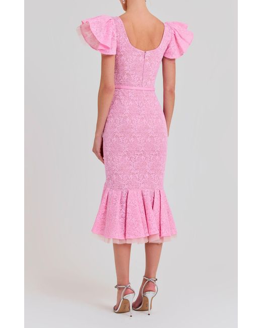 Nadine Merabi Pink Belted Ruffle Lace Midi Dress