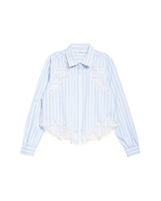 Ramy Brook Blue Gia Stripe Lace Accent Button-Up Shirt