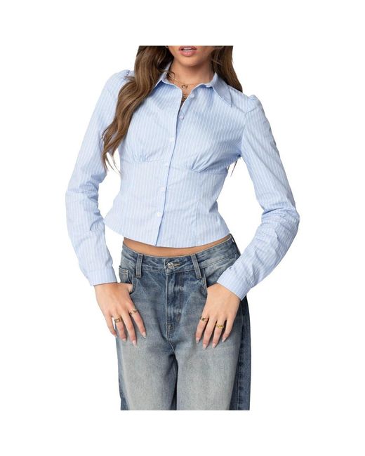 Edikted Blue Pinstripe Tailored Cotton Poplin Button-Up Shirt